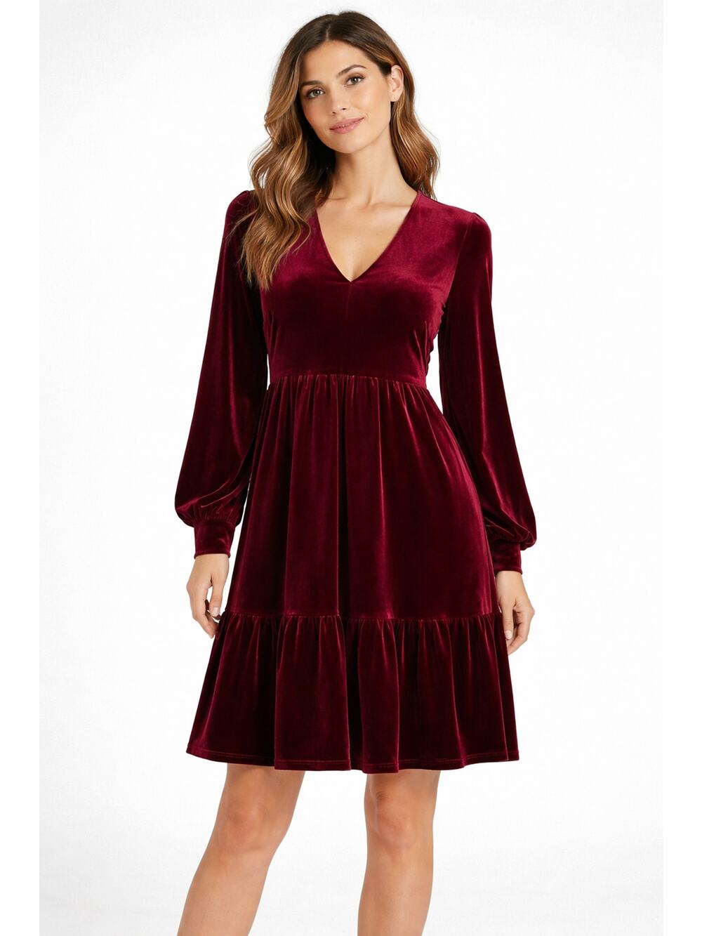 Taylor Dress Velvet Long Sleeve Tiered Dress Womens Size 10 V Neck Red Wine